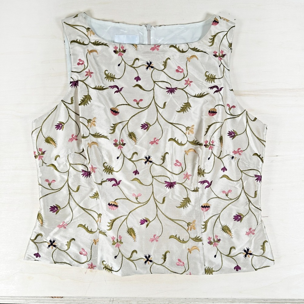Lynn Lugo Silk‎ Embroidered Floral Top 12 Nature Formal Made in USA